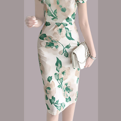 Elegant Summer Round Neck Green Leaf Women Sheath Dresses