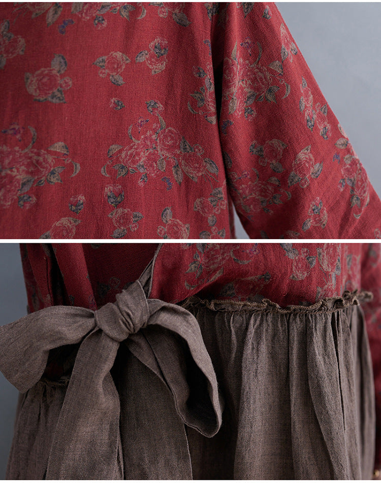 Vintage V Neck Flower Designed Slim Waist Long Maxi Dresses