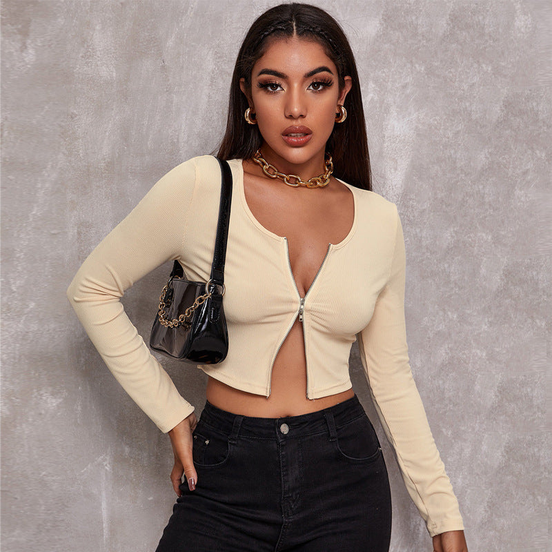 Sexy Zipper Knitted Long Sleeves T Shirts