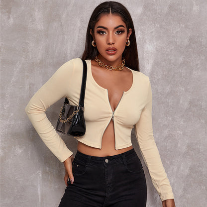 Sexy Zipper Knitted Long Sleeves T Shirts