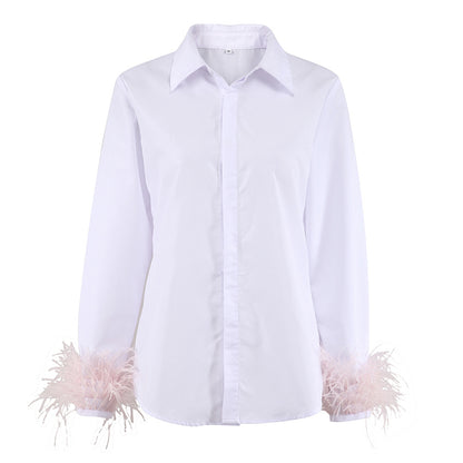 Fashion Women Long Sleeves Feather Design White Shirts