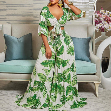 Casual Leaf Print Two Pieces Women Suits