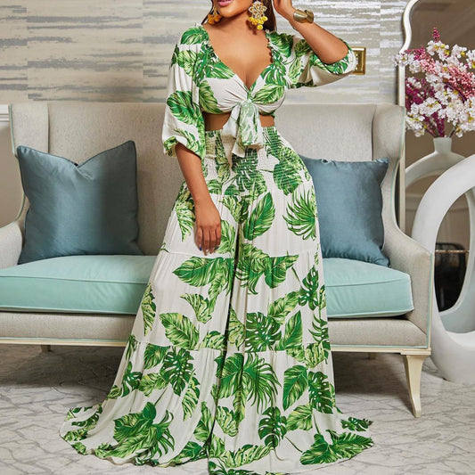 Casual Leaf Print Two Pieces Women Suits