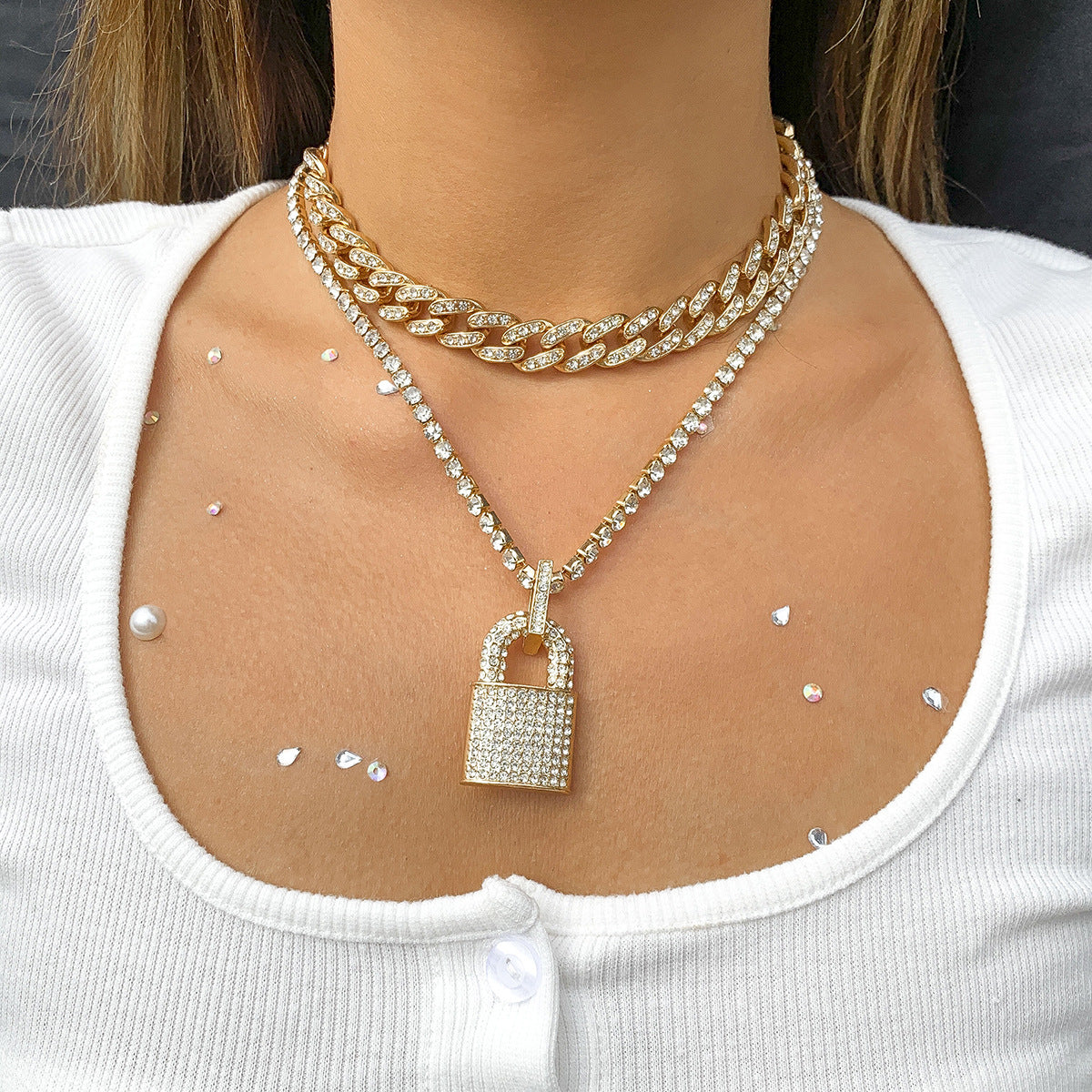 Creative Lock Design Rhinestone Clavicle Necklace for Women