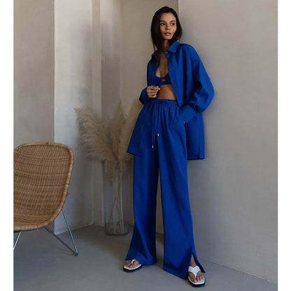 Casual Long Sleeves Shirts and Wide Legs Pants Suits