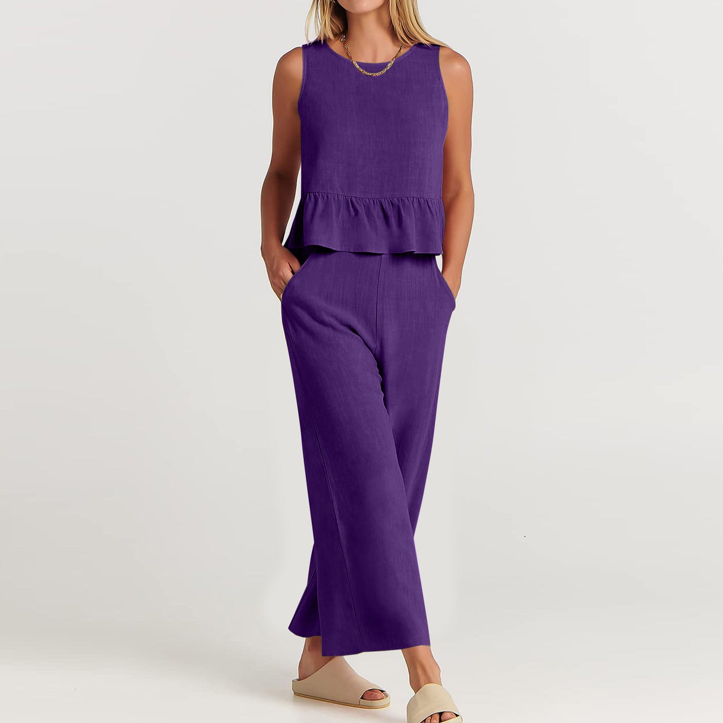 Summer Sleeveless Linen Two Pieces Women Suits