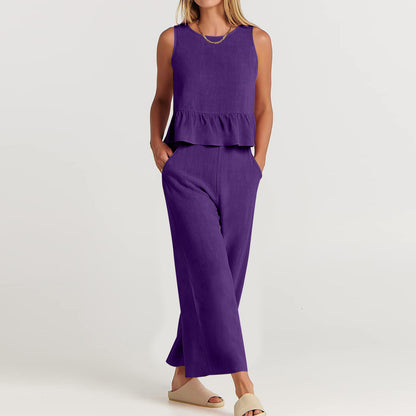 Summer Sleeveless Linen Two Pieces Women Suits