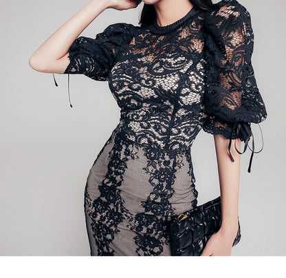 Sexy Puff Sleeves Two Pieces Black Lace Party Dresses
