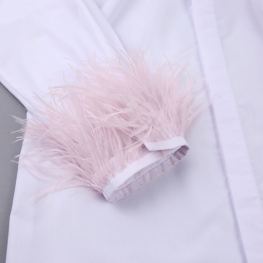 Fashion Women Long Sleeves Feather Design White Shirts