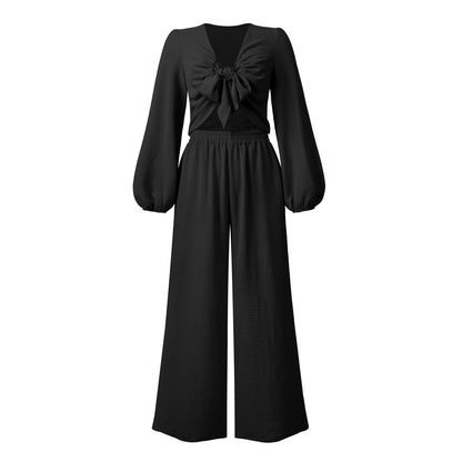 Sexy Long Sleeves Tops & Wide Legs Pants Women Suits