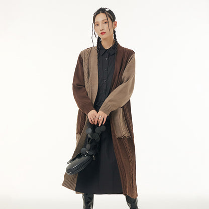 Vintage Contrast Design Long Knitted Coats