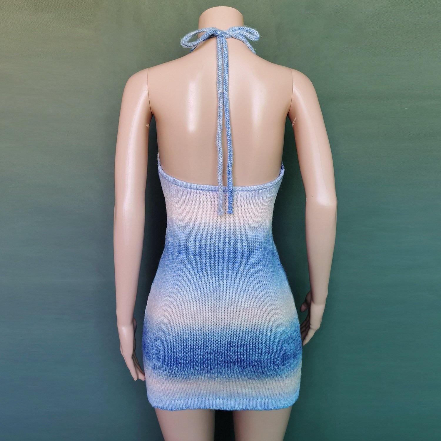 Sexy Deep V-neck Rainbow Knitting Dresses-STYLEGOING