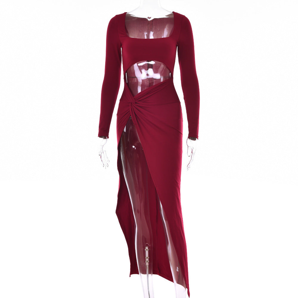 Sexy Square Neckline Split Front Long Sleeves Dresses