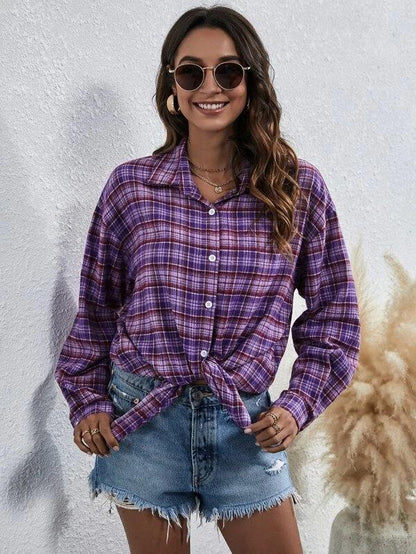 Casual Turnover Collar Plaid Long Sleeves Women Shirts