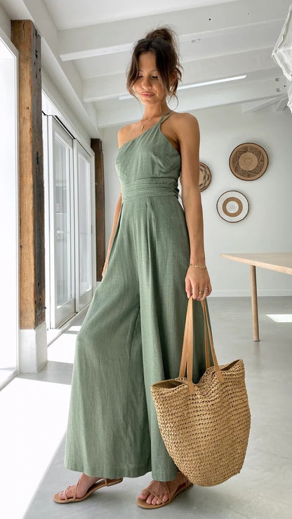 Sexy One Shoulder Linen Jumpsuits for Women