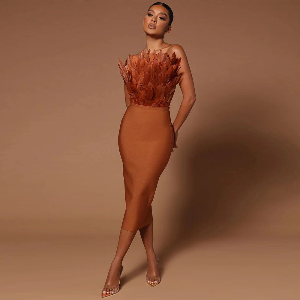 Sexy Designed Feather Sheath Evening Party Dresses