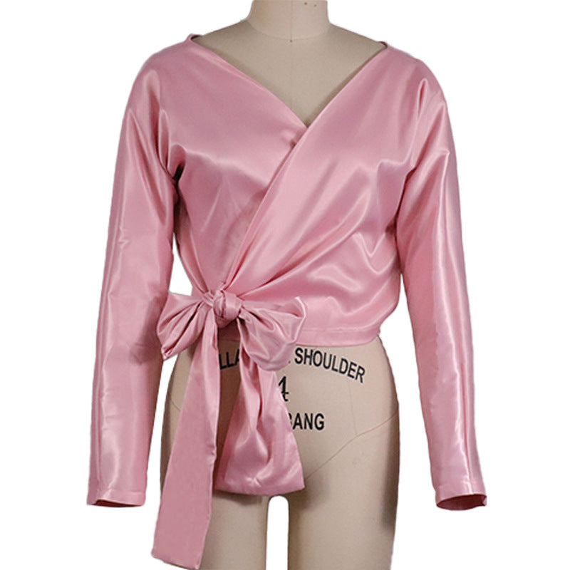 Sexy V Neck Satin Long Sleeves Tops for Women