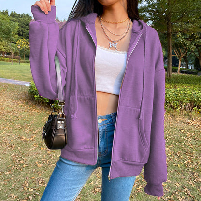 Casual Zipper Velvet Long Sleves Women Hoody Tops