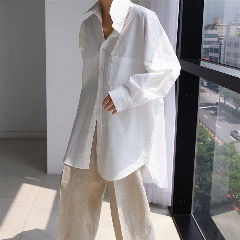 Casual Cotton White Midi Length Women Long Sleeves Shirts