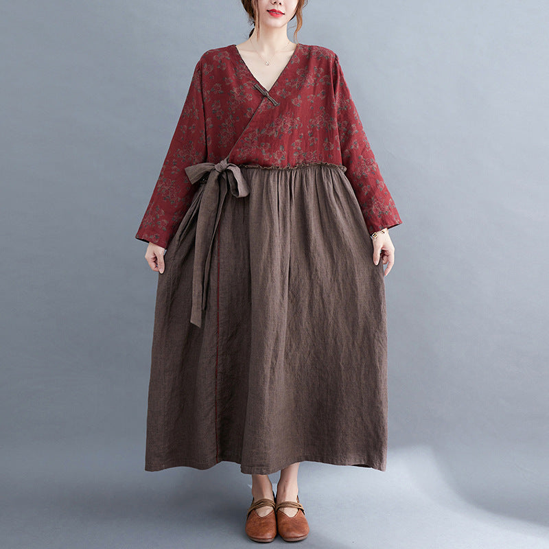 Vintage V Neck Flower Designed Slim Waist Long Maxi Dresses