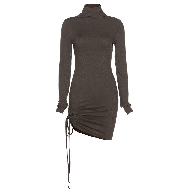 Sexy Women High Neck Drawstring Bodycon Fall Short Dresses
