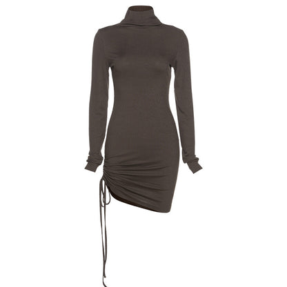 Sexy Women High Neck Drawstring Bodycon Fall Short Dresses