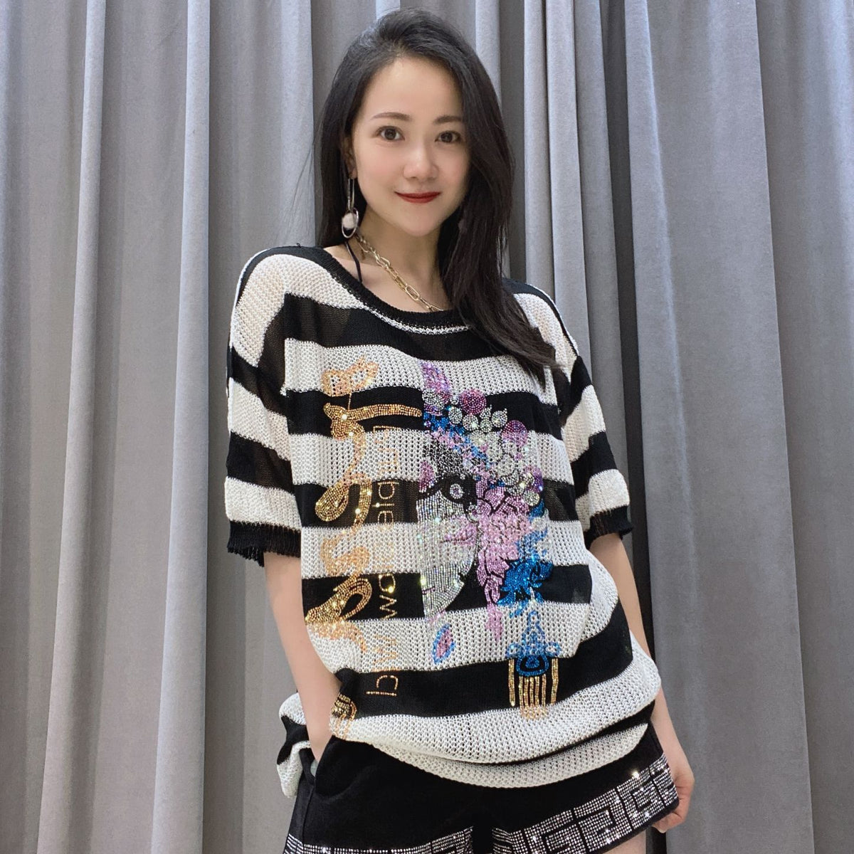 Summer Striped Diamond See Through Knitting Short Sleeves T Shirts