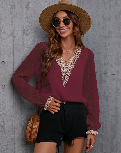 Chiffon Women Long Sleeves Lace Blouses