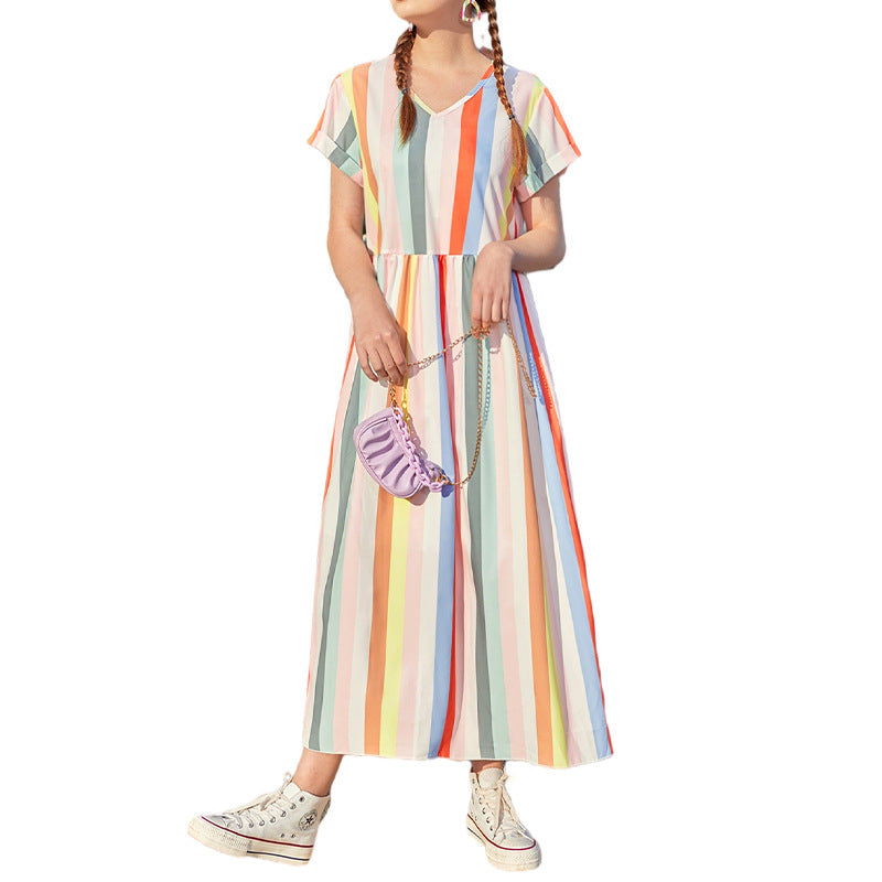 Casual Striped Girls Chiffon Long Dresses