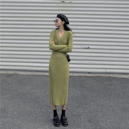 Sexy V Neck Knitted Bodycon Long Dresses