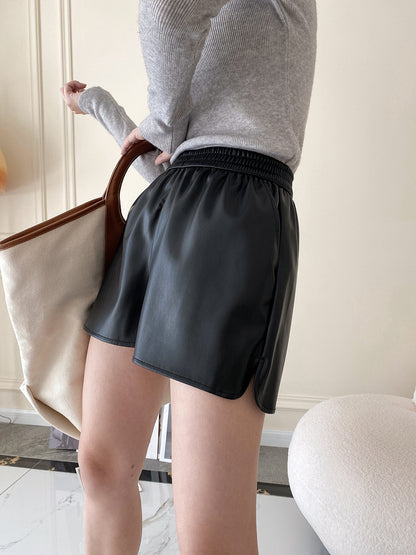 Black Pu Leather High Waist Shorts for Women