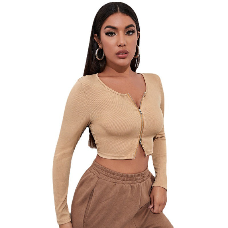 Sexy Zipper Knitted Long Sleeves T Shirts