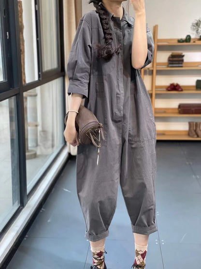 Women Turnover Collar Half Sleeves Jumpsuits-STYLEGOING
