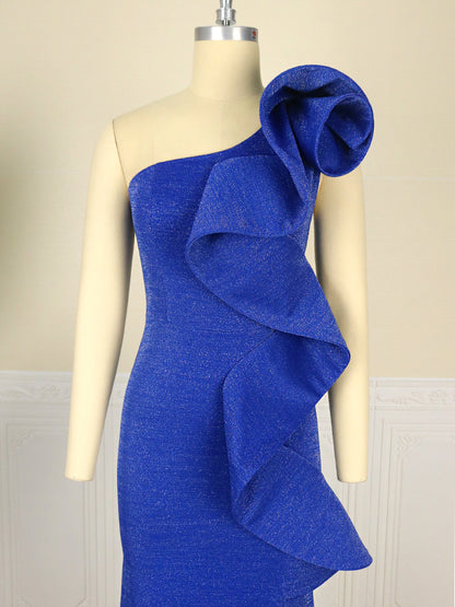 Women One Shoulder Split Front Ruffled Evening Party Dresses
