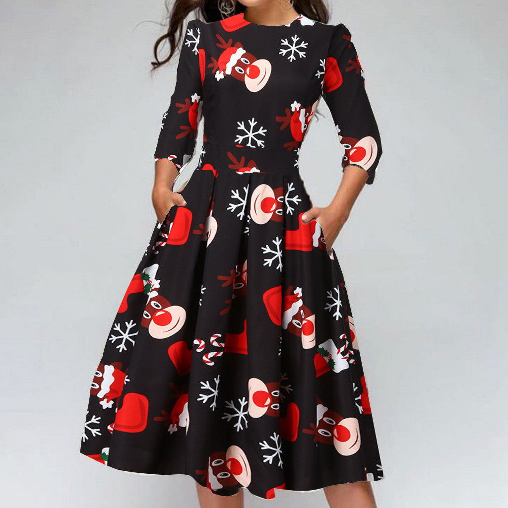 Merry Christmas Round Neck 3/4 Length Short Dresses