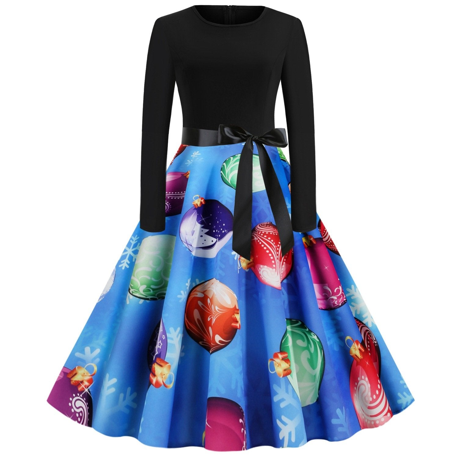 Women Christmas Round Neck Vintage Long Sleeves Dresses-STYLEGOING