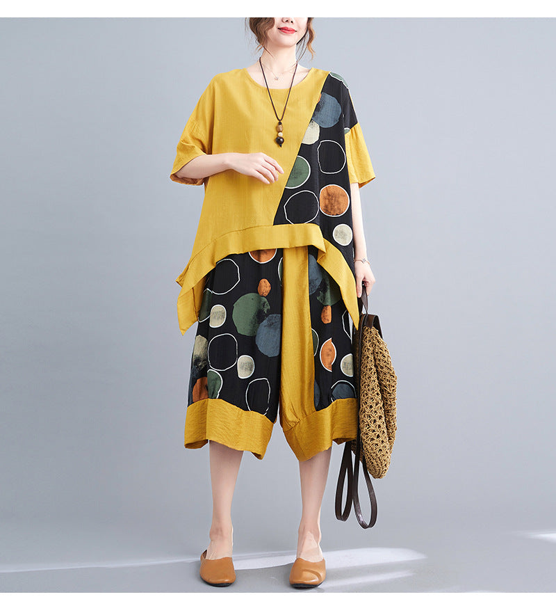 Casual Summer Irregular T Shirts and Wide Legs Cropped Pants