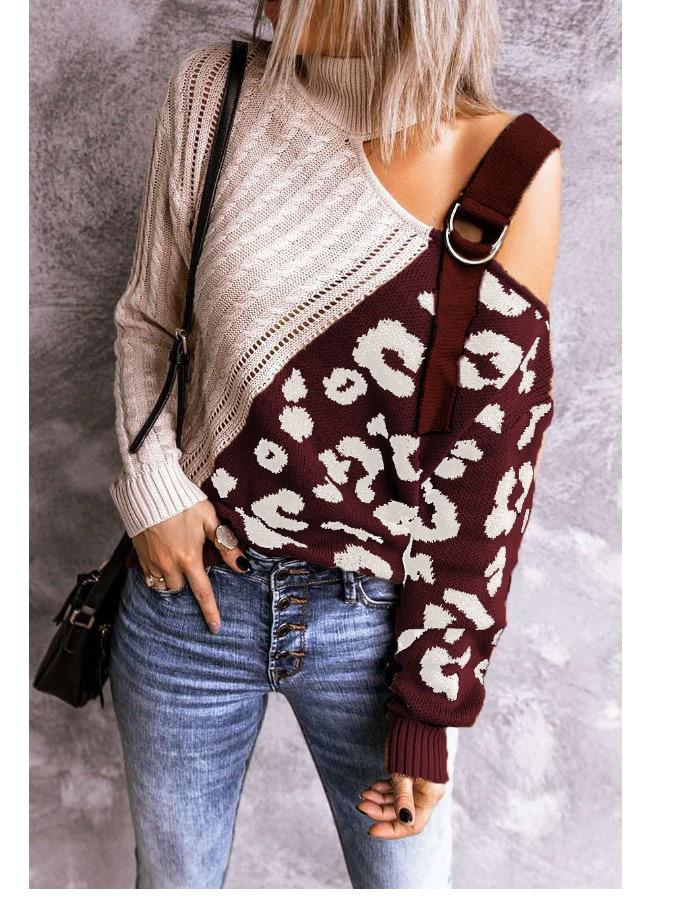 New Leopard High Neck Women Fall Sweaters-STYLEGOING