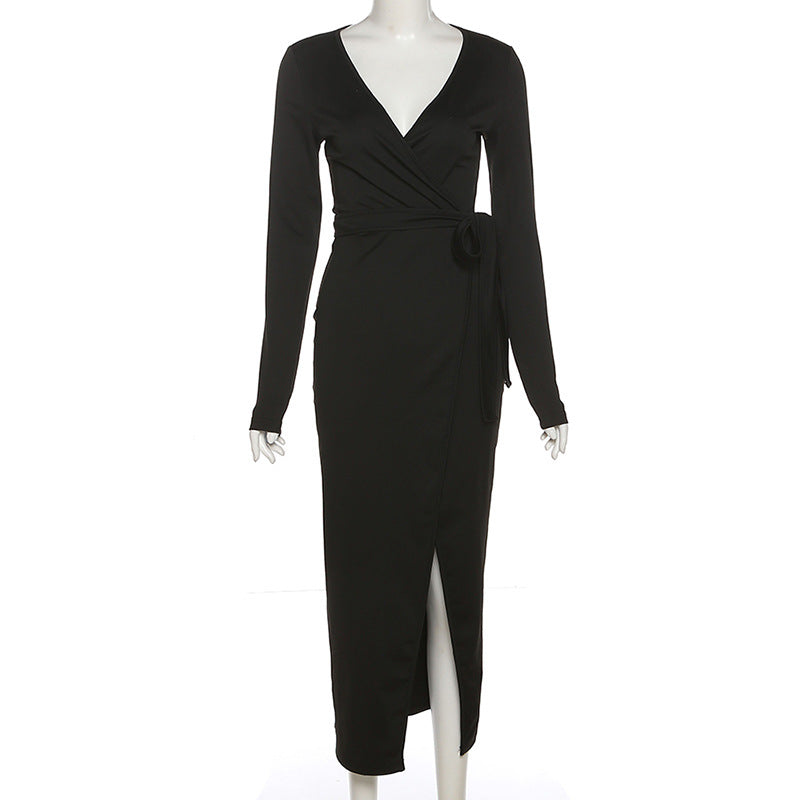 Sexy Black Split Front Long Sleeve Dresses
