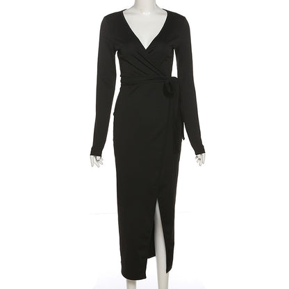 Sexy Black Split Front Long Sleeve Dresses