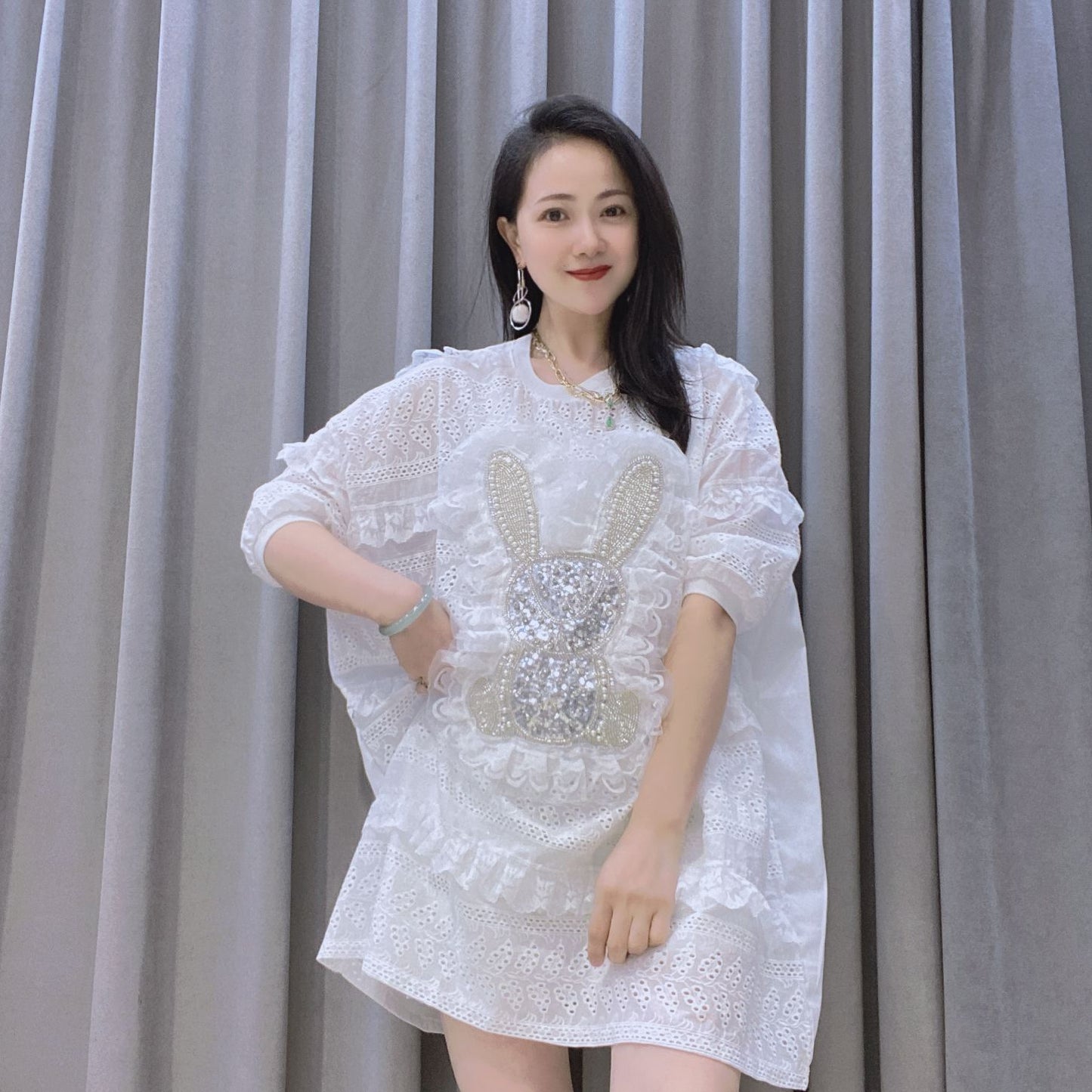 Summer Women Embroidery Pearl Plus Sizes Long Blouses