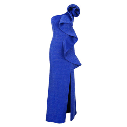 Women One Shoulder Split Front Ruffled Evening Party Dresses