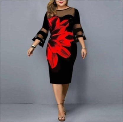 Women Floral Print Plus Sizes Net Fall Dresses