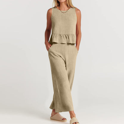 Summer Sleeveless Linen Two Pieces Women Suits