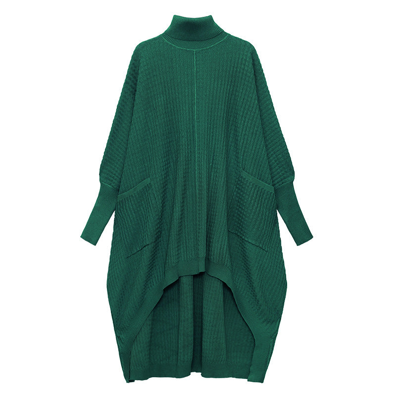 Women High Neck High Low Designed Knitted Long Cozy Dresses