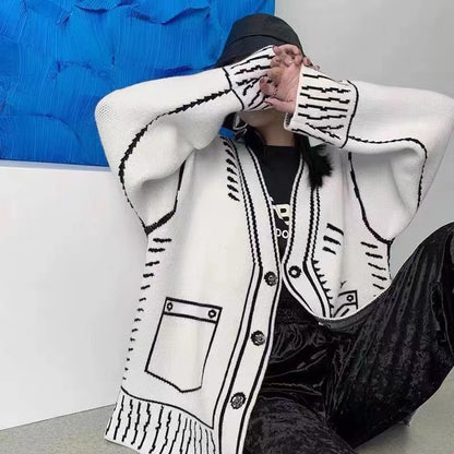Black and White Graffiti Loose Knitted Sweater Cardigans