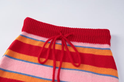Red Striped Fall Knitted Women Dresses Suits