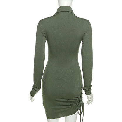 Sexy Women High Neck Drawstring Bodycon Fall Short Dresses