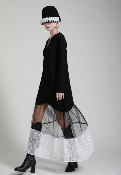 Black Women Irregular Lace Net Fall Long Dresses