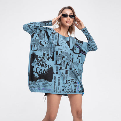 Casual Newspaper Pattern Women Loose Long Sleeves Shirts